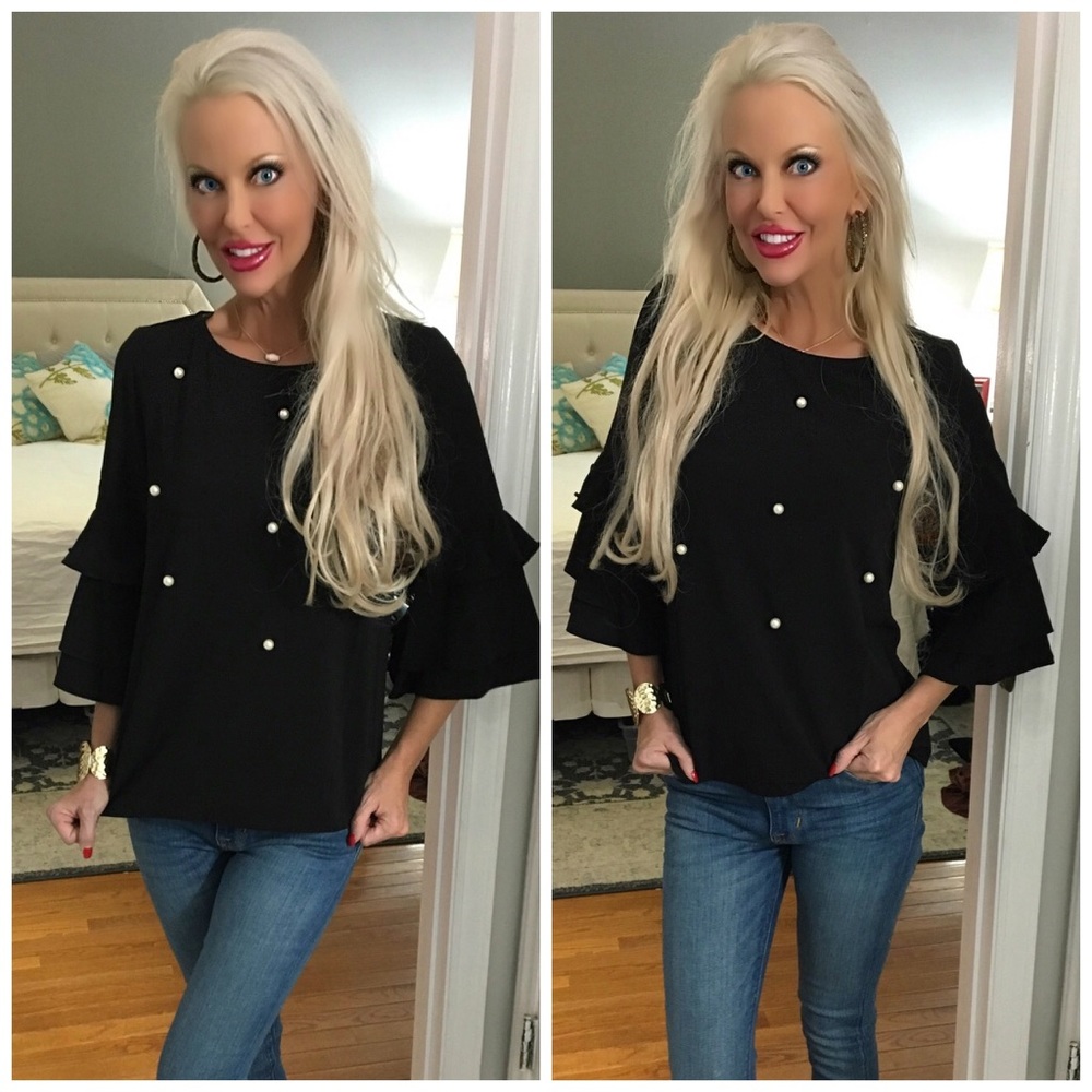 ❤️LAST 1! Pearl Detail 3/4 Sleeve Ruffle Top - Picture 4 of 5